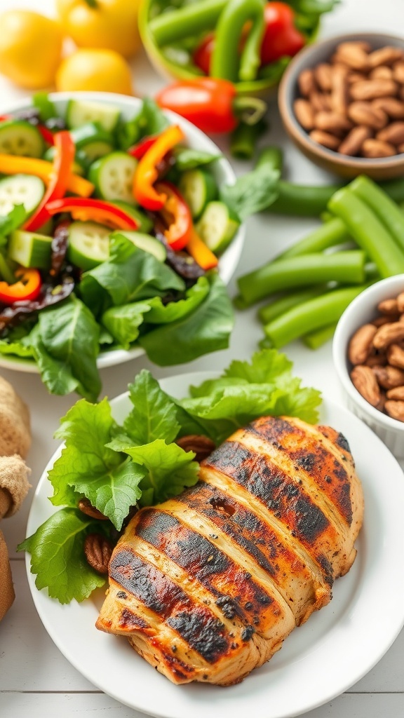 Yeast-Free Diet Plan A colorful array of yeast-free foods including salad, grilled chicken, and nuts on a wooden table.